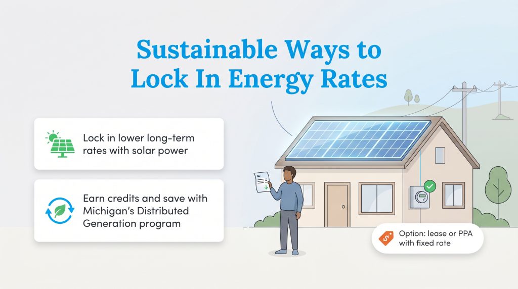 Infographic showing how solar power and Michigan's Distributed Generation program can lock in energy rates.