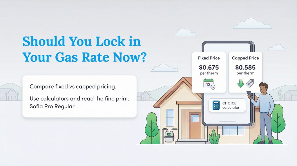 Illustration comparing fixed and capped gas price options on a smartphone screen, with a man standing next to a house.