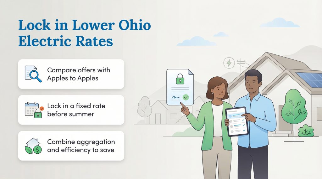 Infographic detailing steps to lock in lower Ohio electric rates before summer price hikes.