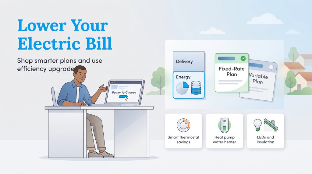 Infographic illustrates lowering electric bills via fixed-rate plans and energy efficiency upgrades.