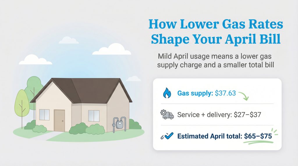 Infographic illustrating mild April usage results in an estimated total gas bill between $65 and $75.