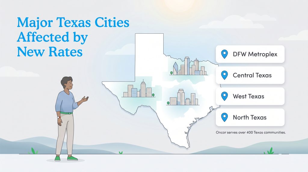 A map of Texas highlighting major regions like DFW, Central, West, and North Texas affected by new rates.
