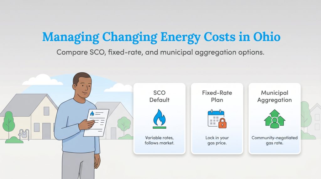 Infographic comparing Ohio gas options: variable SCO, fixed-rate plans, and municipal aggregation.