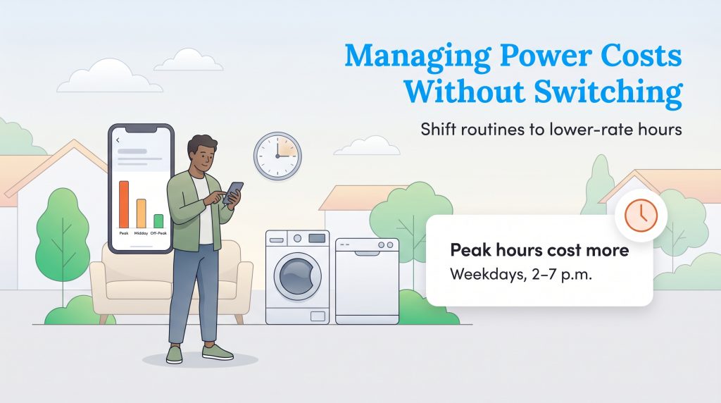 A person checks an app showing peak energy usage, next to appliances and a note that peak hours cost more between 2-7 p.m. on weekdays.