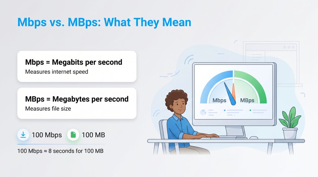 Explains Mbps (speed) vs. MBps (size). A 100 Mbps connection takes 8 seconds to download 100 MB.