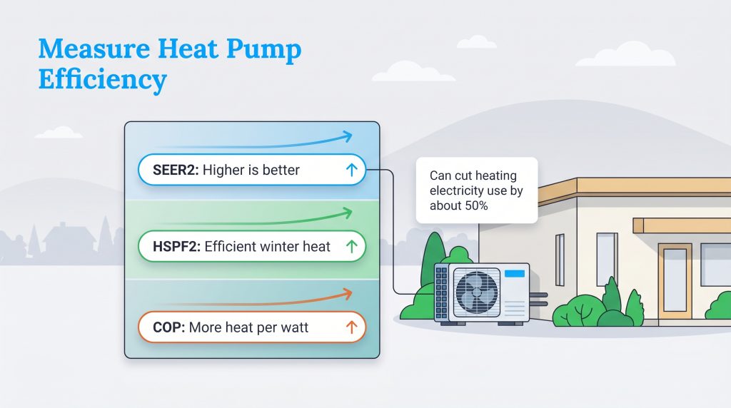 Infographic of a heat pump with efficiency metrics SEER2, HSPF2, and COP, showing higher is better.
