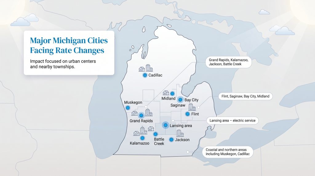 Map showing major Michigan urban centers impacted by utility rate changes.