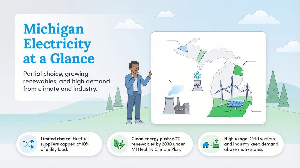 Infographic summarizing Michigan's electricity: partial choice, growing renewables, and high demand from climate and industry.