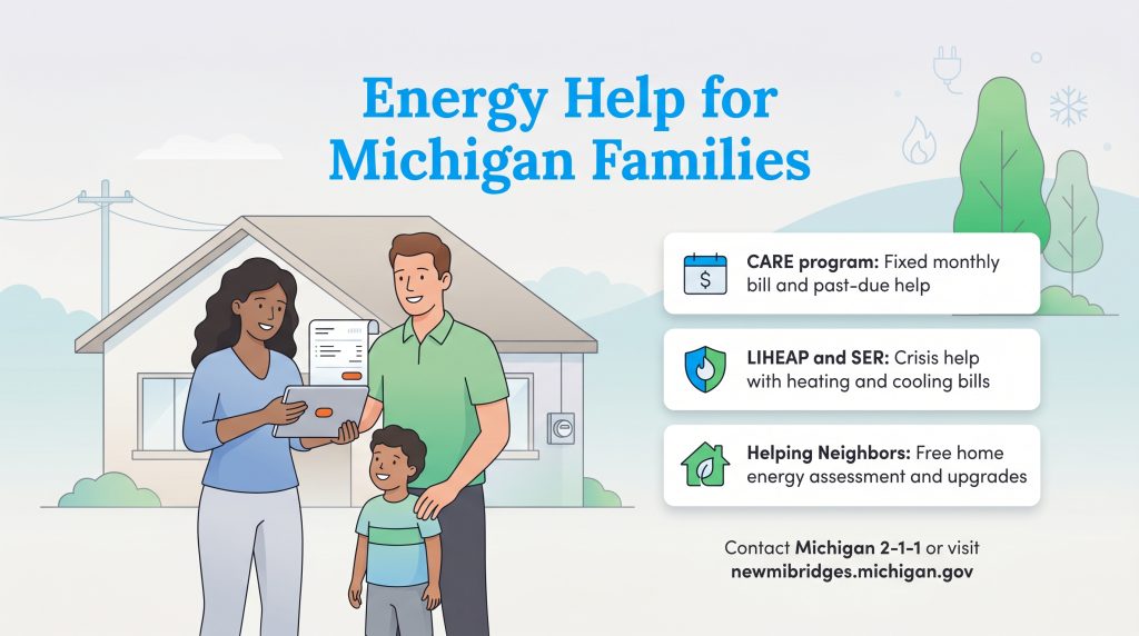A family reviews energy bills outside their home. Text lists Michigan energy assistance programs and contact info.