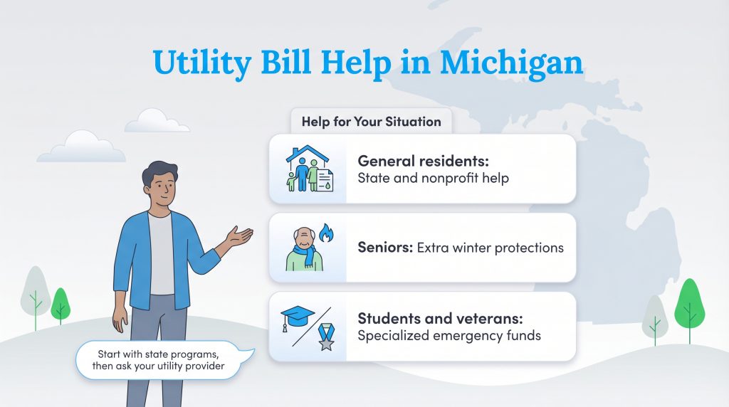 Infographic titled Utility Bill Help in Michigan showing a man pointing to a list of assistance programs for general residents, seniors, students, and veterans.