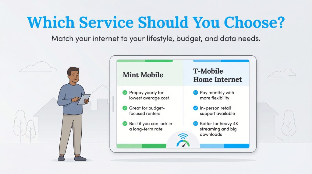 Comparison of Mint Mobile and T-Mobile Home Internet services based on budget, support, and data.