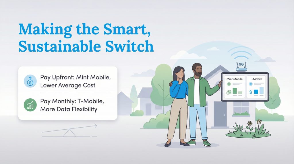 A couple compares Mint Mobile and T-Mobile home internet options on a screen, highlighting upfront versus monthly payment plans.