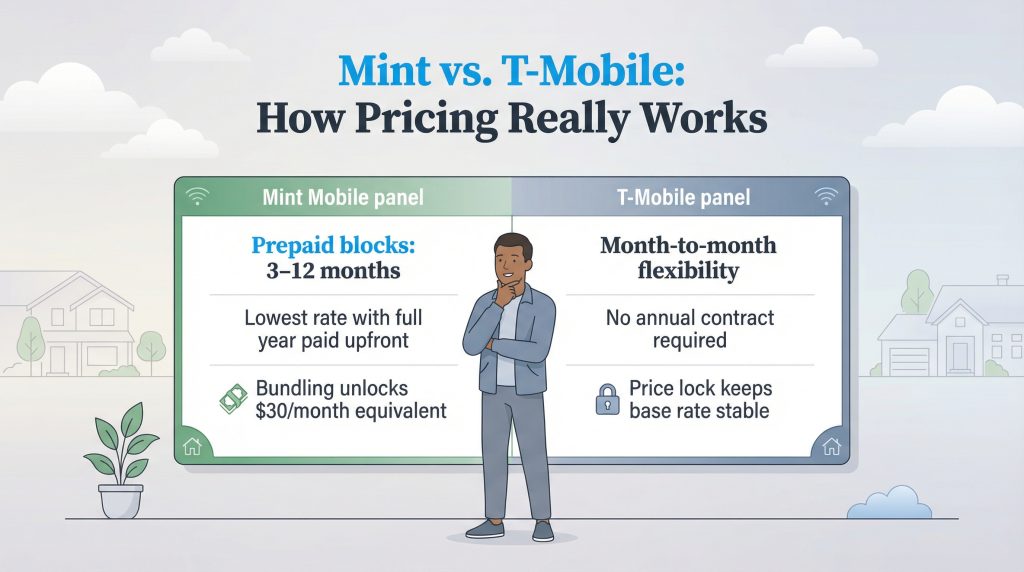 Infographic compares Mint Mobile prepaid blocks and bundling with T-Mobile's month-to-month price lock.