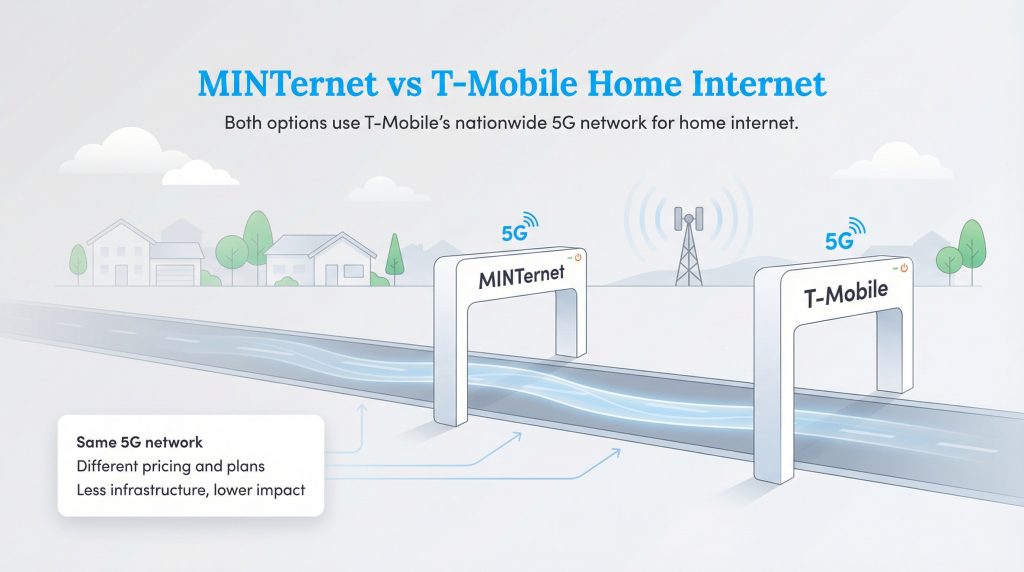 Illustration showing MINTernet and T-Mobile using the same 5G network for home internet.