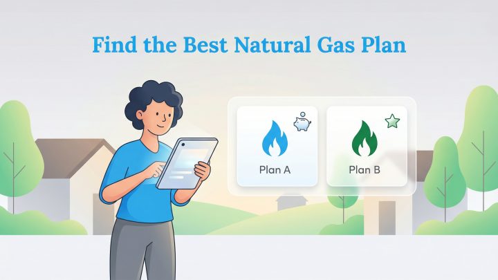 An illustration of a person comparing Natural Gas Plan A and Plan B on a tablet.