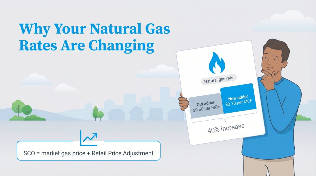A man holds a sign illustrating a 40% increase in the natural gas rate adder from $0.50 to $0.70.