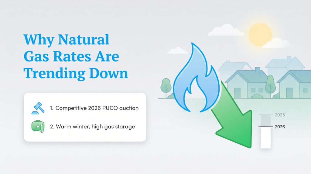 Infographic explains natural gas rates are down due to a competitive 2026 PUCO auction and a warm winter.