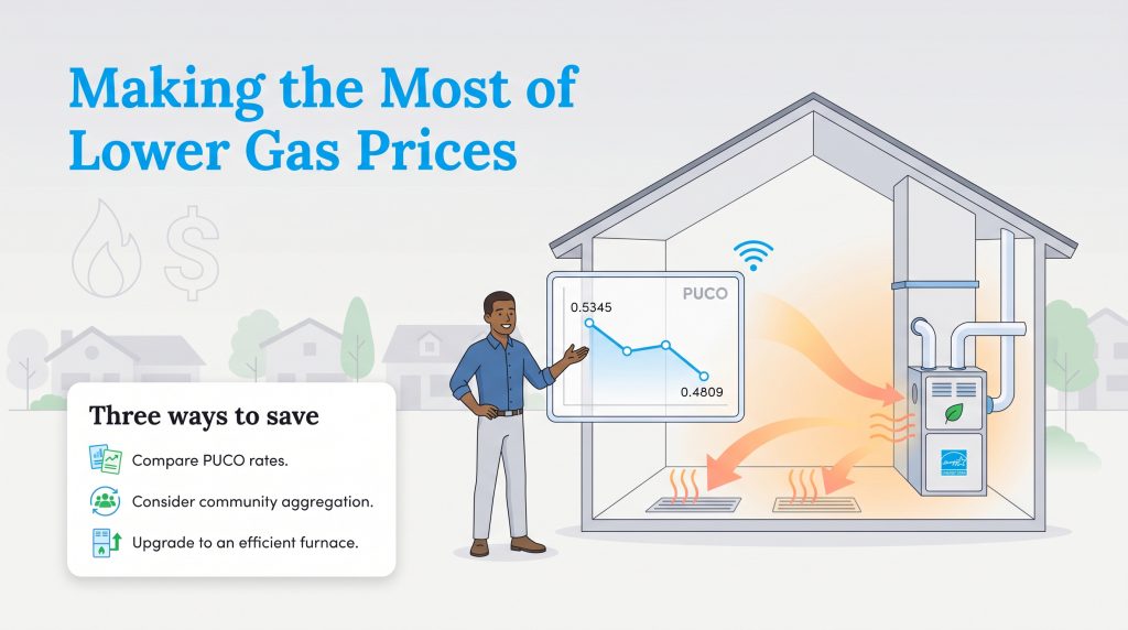 Infographic showing lower natural gas prices and three tips for saving money on energy bills.