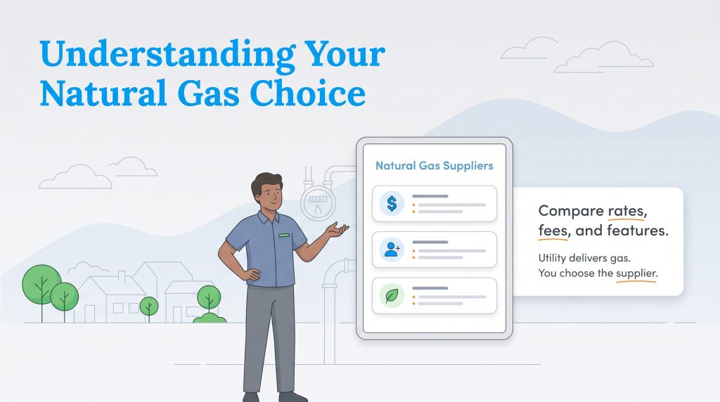 An illustration shows a man pointing to a tablet comparing natural gas suppliers, rates, and features.