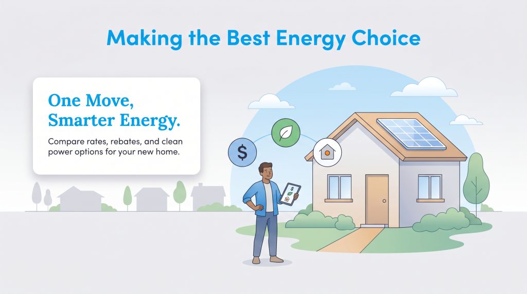 Man with tablet compares energy rates and clean power options outside a home with solar panels.