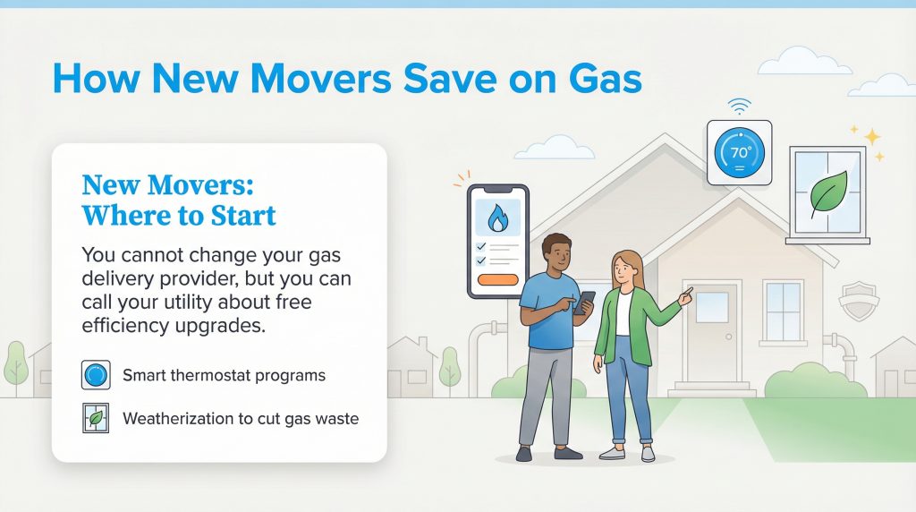 Illustration showing new movers saving on gas with smart thermostats and weatherization upgrades.