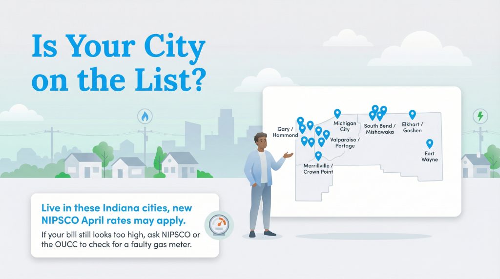 Map of northern Indiana cities where new NIPSCO April rates apply.