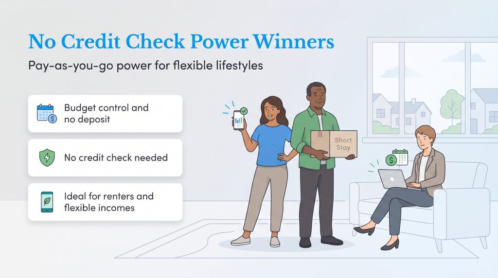 Infographic showing pay-as-you-go energy benefits for budget control, renters, and no credit checks.