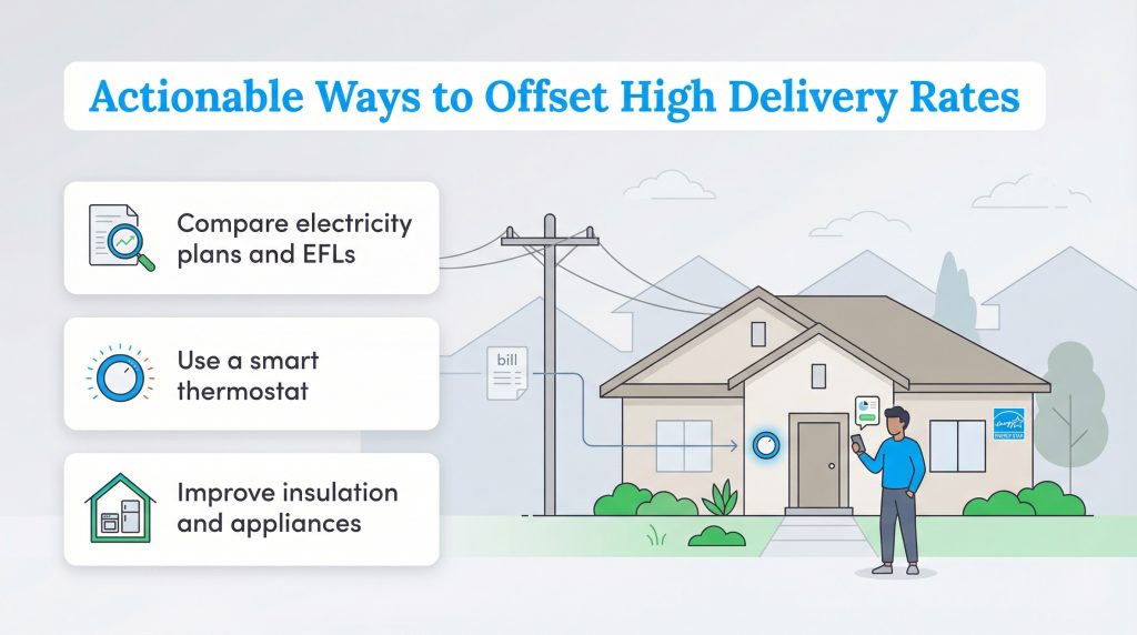 Infographic showing three strategies to lower energy bills and offset high delivery rates.