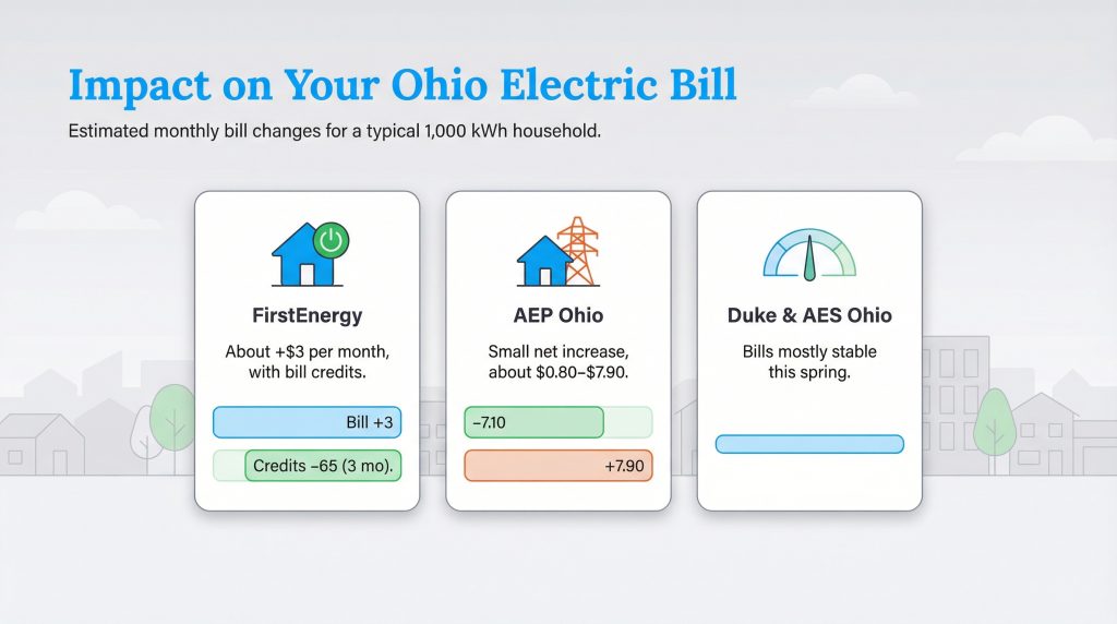 Infographic: Ohio electric bill impact for FirstEnergy, AEP Ohio, and Duke & AES Ohio.
