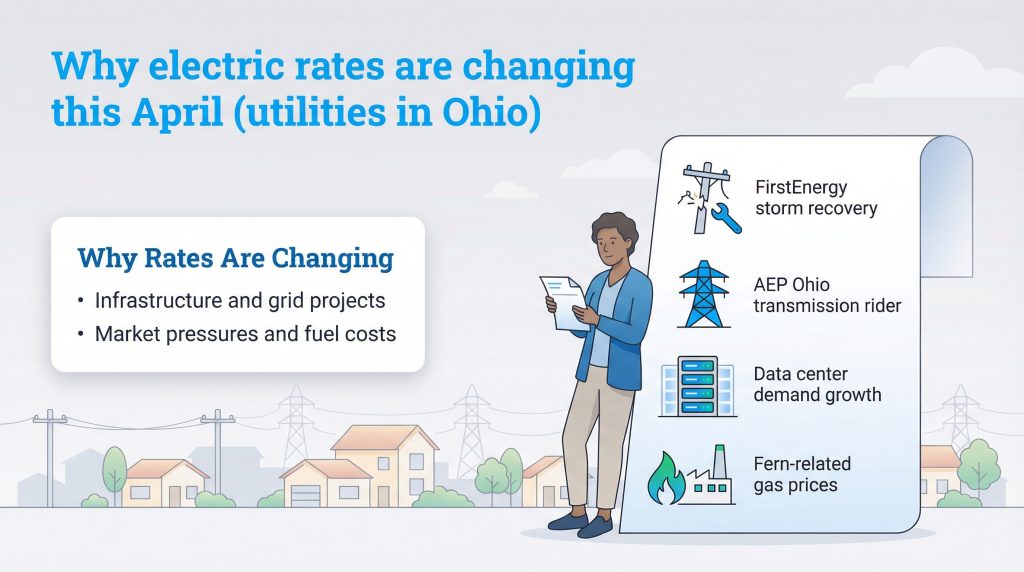 Infographic detailing the four main reasons for April's electric rate changes in Ohio.