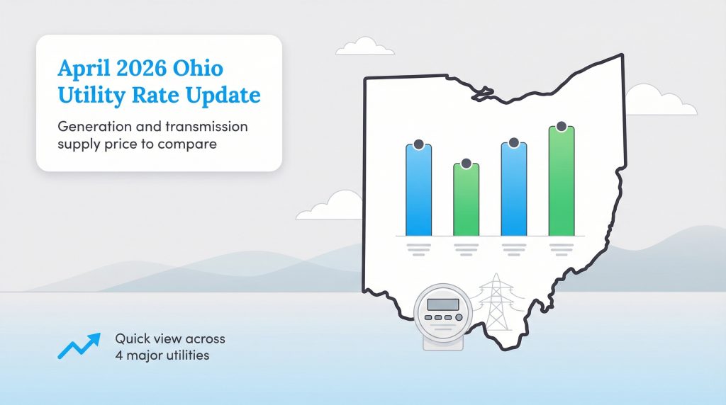 Graphic showing an Ohio map with a four-bar chart comparing April 2026 utility supply rates.