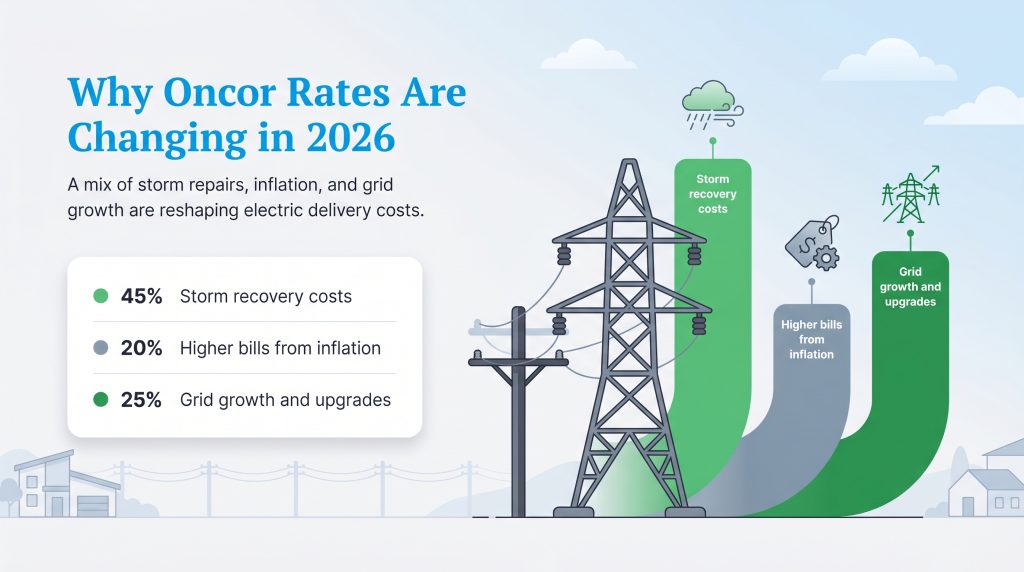 Infographic detailing the three main factors—45% storm recovery, 20% inflation, and 25% grid growth—driving Oncor's 2026 rate changes.