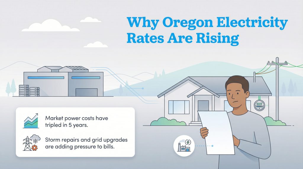 Infographic explaining that tripled market power costs and storm repairs/grid upgrades are causing Oregon electricity rates to rise.