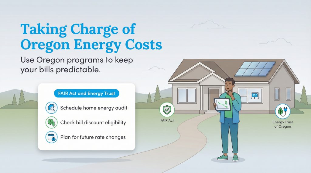Man at a solar home holds a tablet. A checklist shows steps to use Oregon energy programs for bill predictability.