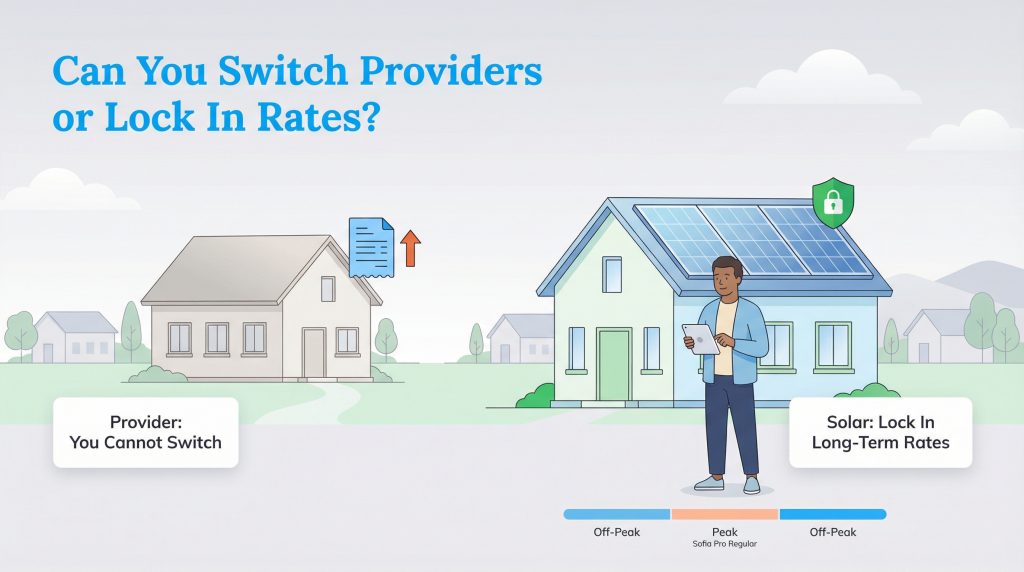Illustration of two houses and a person: one house with a rising bill, one with solar panels and a person with a tablet, explaining Oregon residents can't switch providers but can lock in rates with solar or use time-of-use plans.