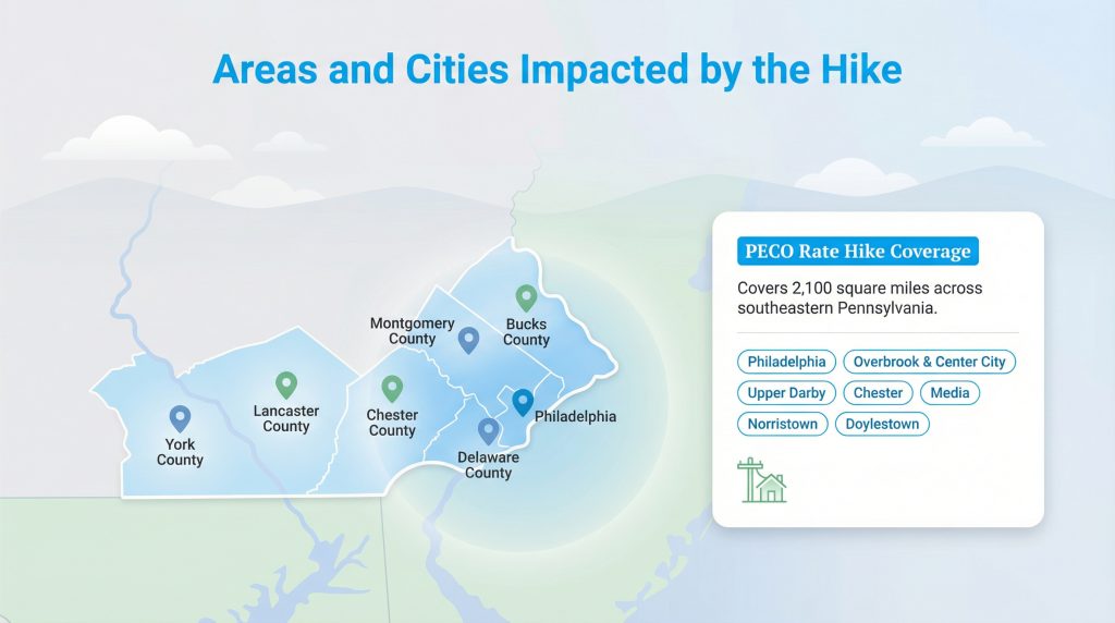 Map illustrating PECO rate hike coverage across southeastern Pennsylvania and specific cities.