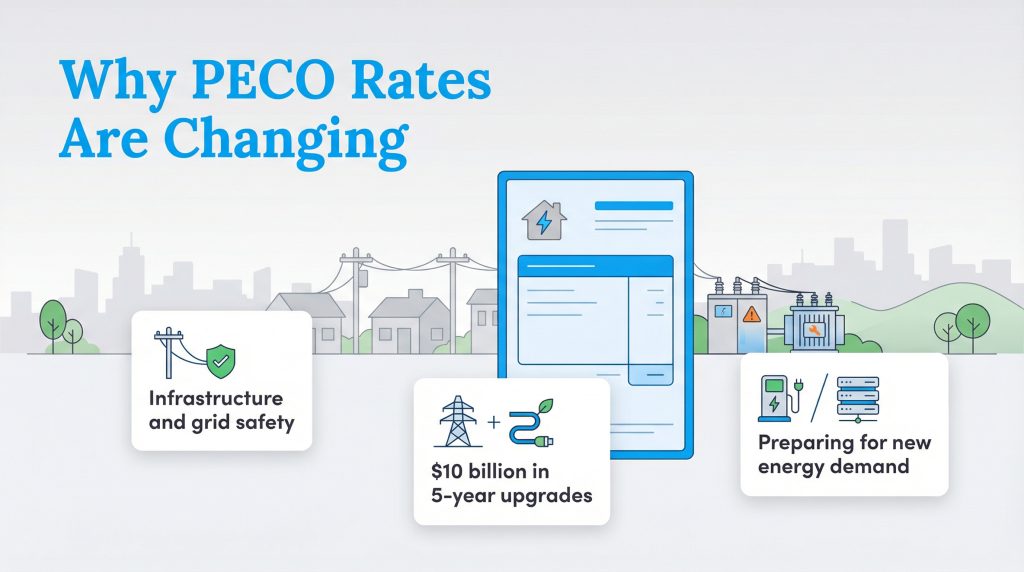 Infographic on PECO rate changes: infrastructure safety, $10B in upgrades, and new energy demand.