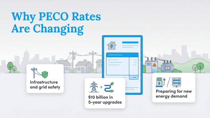 Infographic on PECO rate changes: infrastructure safety, $10B in upgrades, and new energy demand.
