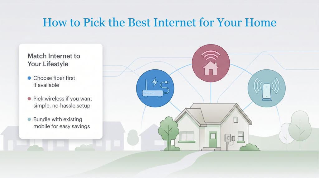 Infographic tips for home internet: choose fiber first, wireless for simplicity, or bundle for savings.