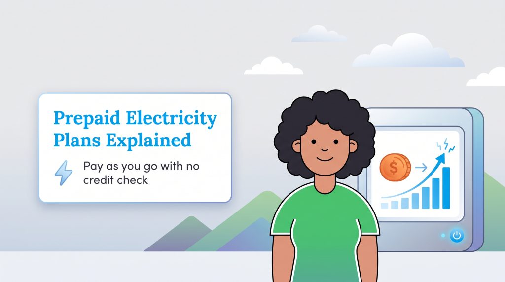A woman and an infographic titled 'Prepaid Electricity Plans Explained: Pay as you go'.