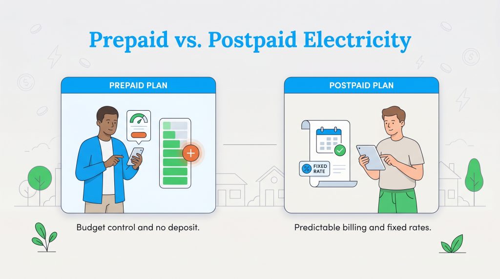 Illustration comparing prepaid and postpaid electricity plans, showing benefits like budget control and fixed rates.