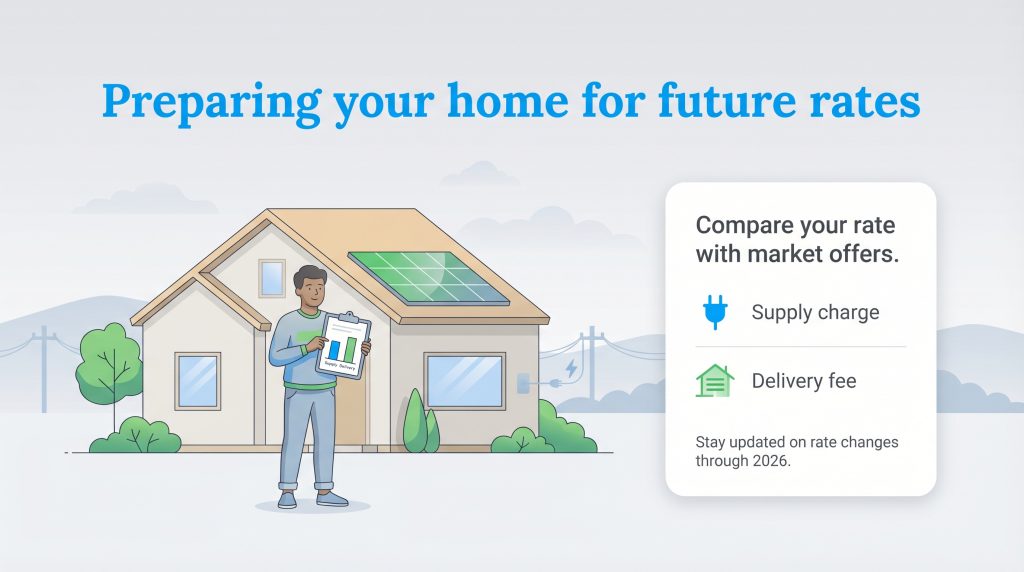 Infographic of a man before a house with solar panels, and a box advising to compare supply and delivery rates.