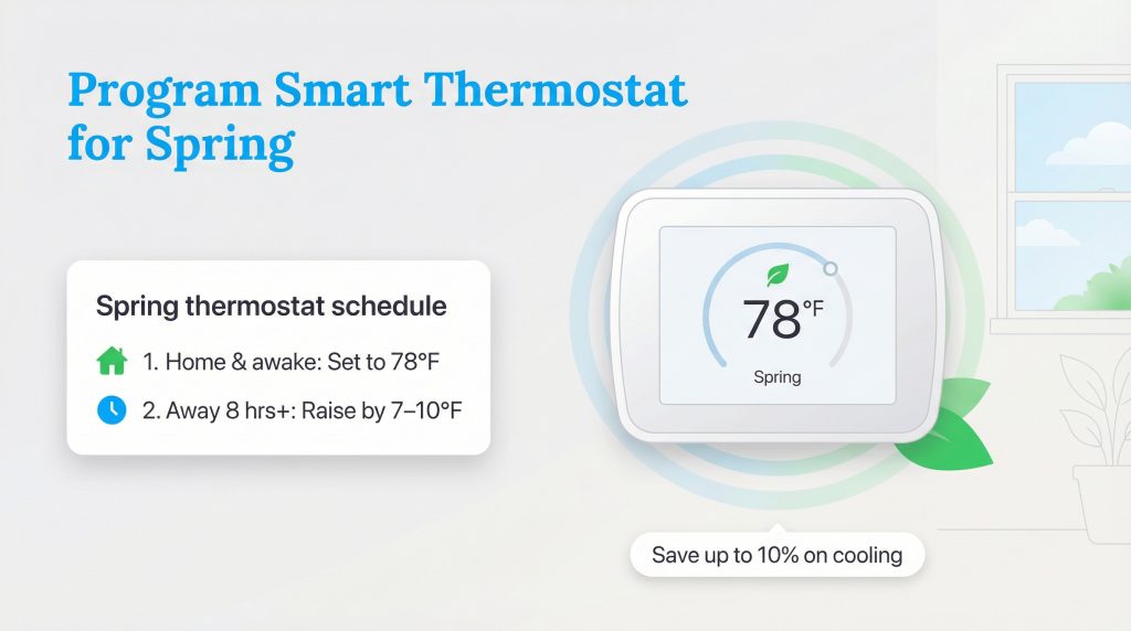 Infographic showing a smart thermostat set to 78°F for spring with a schedule to save on cooling.