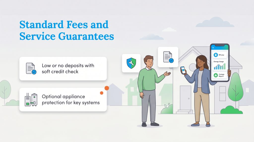 An infographic showing PSE&G's standard fees and service guarantees, including low deposits and optional appliance protection.