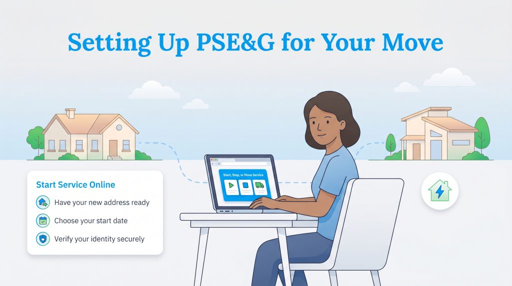 A woman uses a laptop to set up PSE&G service online, with steps like having a new address and choosing a start date displayed.