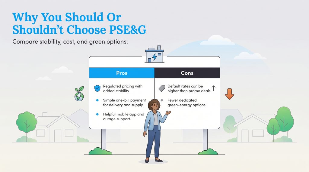 Infographic titled Why You Should Or Shouldn't Choose PSE&G, showing a pros and cons comparison table.