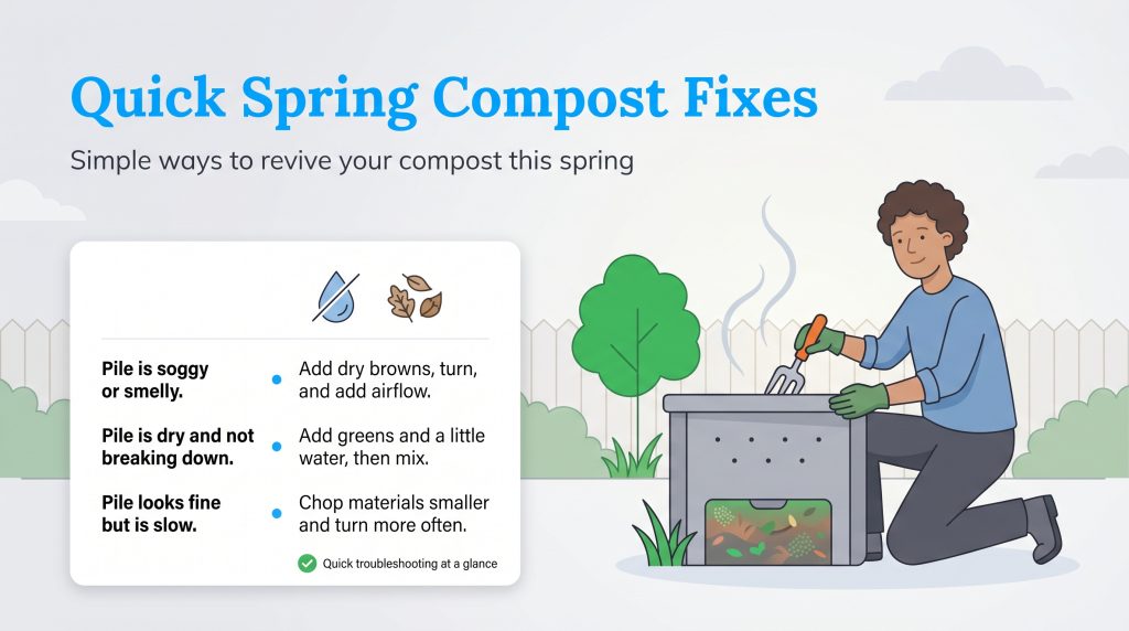 A person with a compost bin next to a table listing solutions for common spring compost problems.