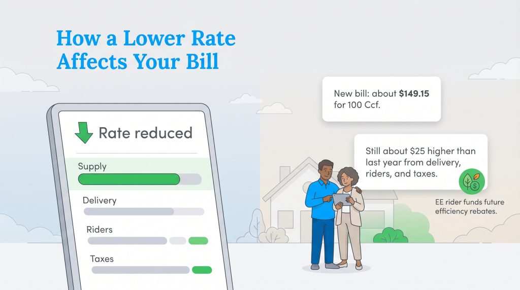 Infographic showing reduced gas rate, but higher total bill due to delivery, riders, and taxes.