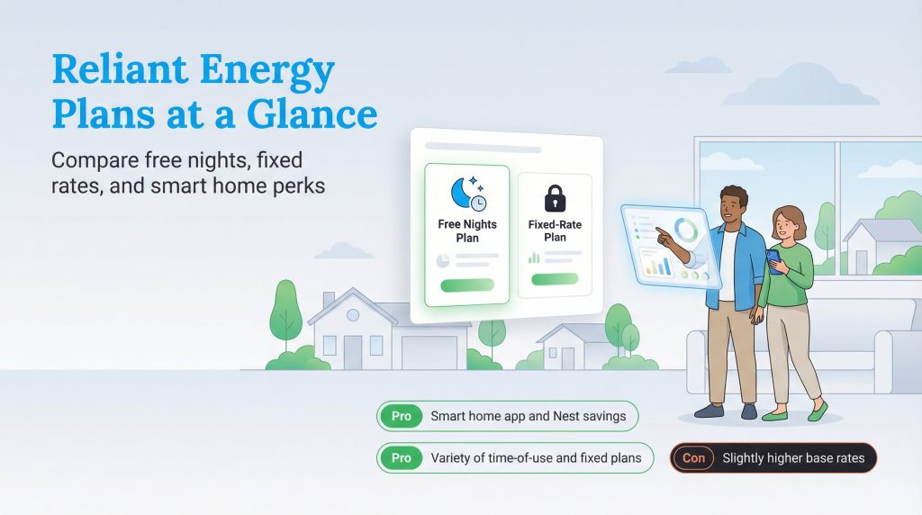 Infographic comparing Reliant Energy's Free Nights and Fixed-Rate plans, plus pros and cons.