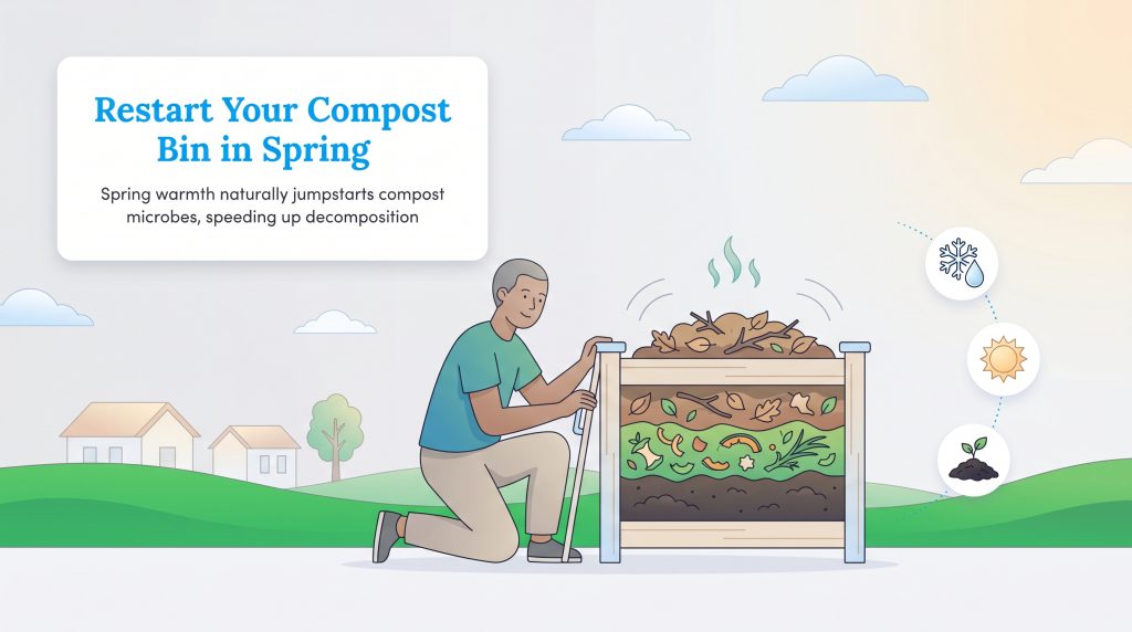 Man checking active compost bin in spring landscape with title 'Restart Your Compost Bin in Spring'.